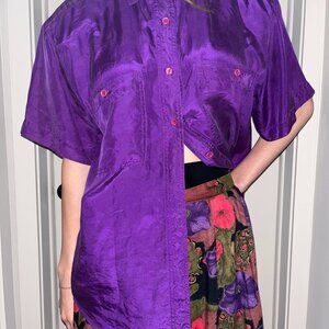 Vintage Averroe Purple Silk Short Sleeve Button Up M